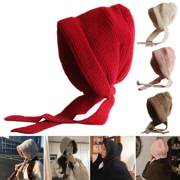 Girls Retro Lace-up Protect Ears Beanies Knitted Cap Winter Warm Earmuffs Hats Best Sale-WT