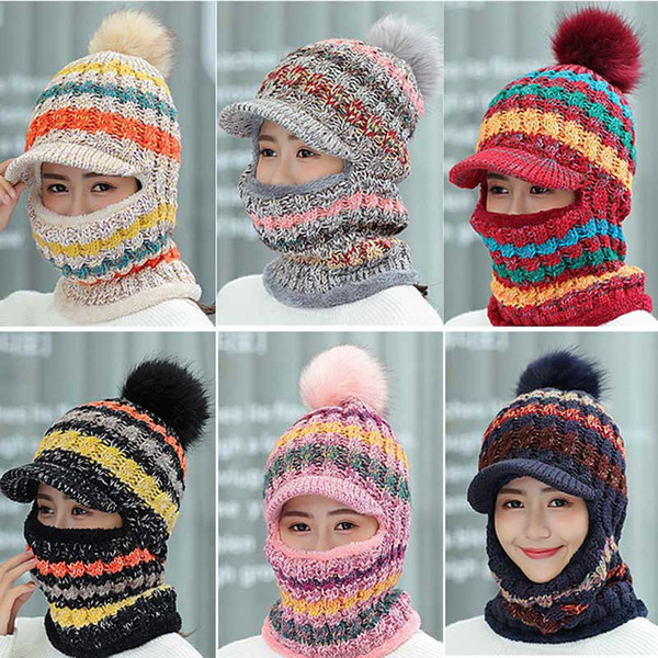 Women 3 In 1 Knitted Hat Scarf Mask Set Winter Warm Thick Snow Collars Hats XRQ88