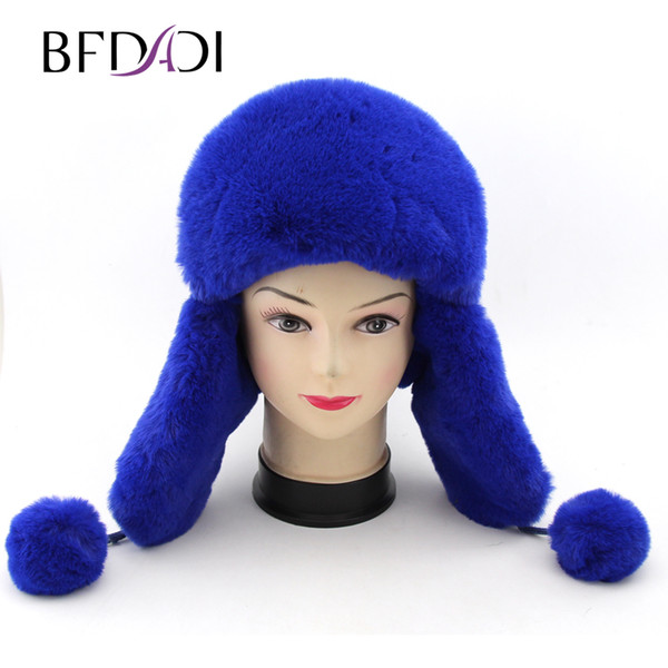 BFDADI 2018 Women Rabbit hair Hat Winter Russian Warm Leifeng Hat Genuine Bomber Multicolor Warm Ear Hats