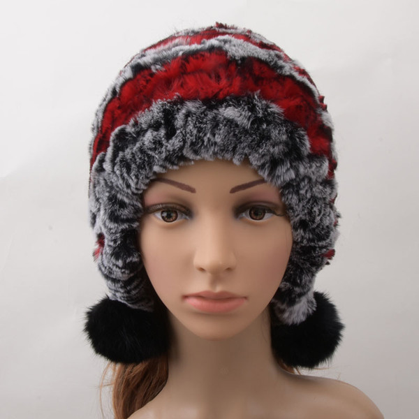 Women Genuine Knitted Rex Rabbit Fur Hats Russian Hat ushanka Natural Stripe Rex Rabbit Fur Caps