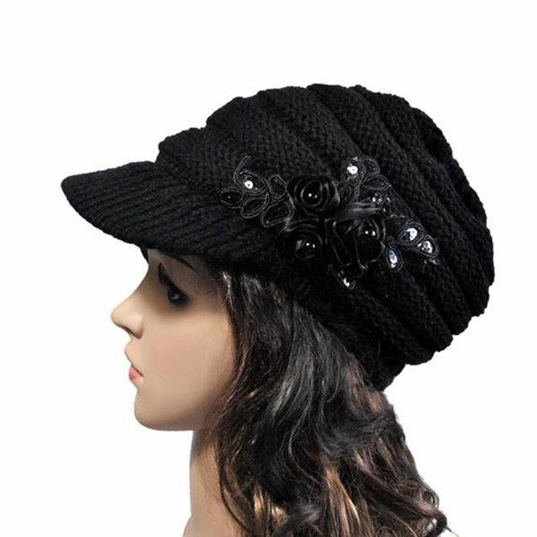 Fashion Winter Women Woolen Yarn Plain Weave Knitting Sequins Flower Visor Hat