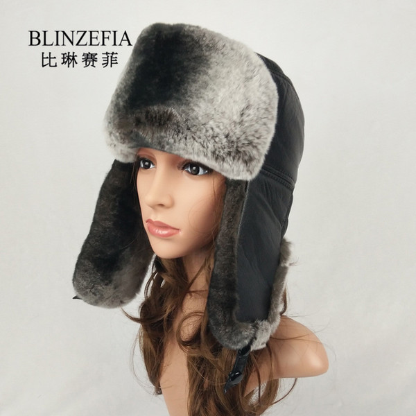 2019 BLINZEFIA Real Rex Rabbit Winter Aviation Fur Hats Warm Women Sheep Leather Russian Ears Cover Bomber Hat Ushanka BZ6017