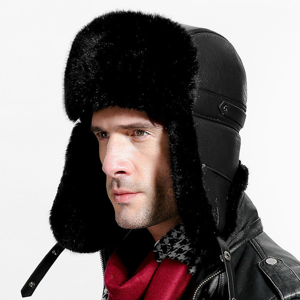 Russian Leather Bomber Leather Hat Men Winter Hats with Earmuffs Trapper Earflap Cap Man Real Raccoon Fur Black Ear Protection Cap