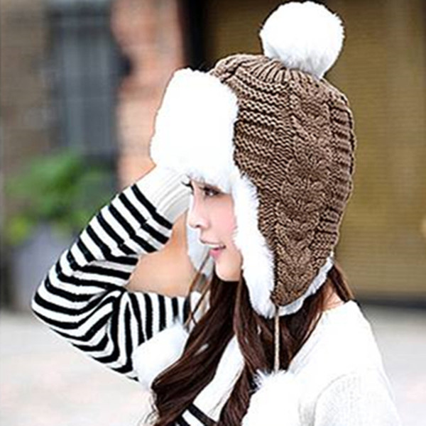 2018 New Lady Women Knitted Bomber Hats Good Quality Thick Pompom Fleece Ear Flaps Warm Cap Faux Fur Ball Winter Russian Hat
