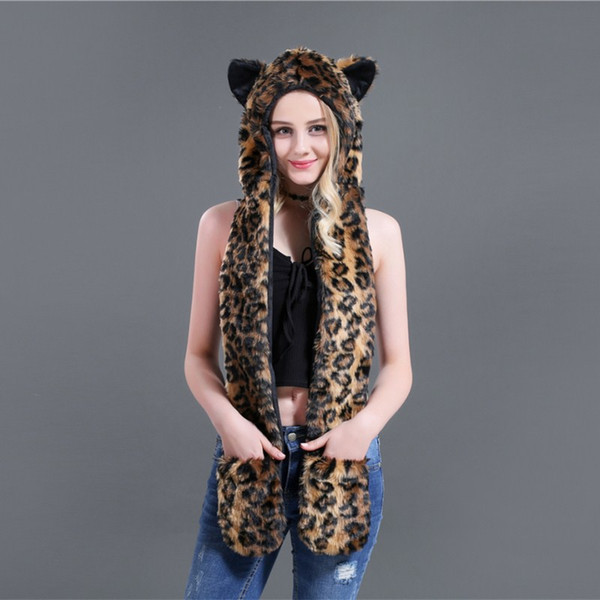 Hot Russian Style Cartoon fur scarf Leopard-print fashion hats Scarf and gloves integrated Animal hat plush HATS SET for women