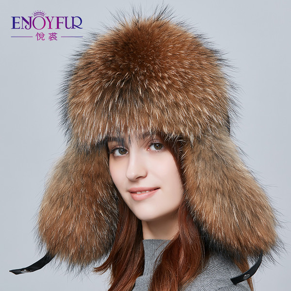 Wholesale- ENJOYFUR Warm Women Winter Hat Earflap Real Fox Fur Patchwork Genuine Leather Caps With Earflaps Russian Bomber Hats Ushanka