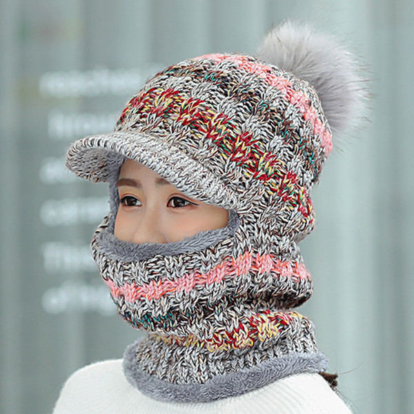 Women 3 In 1 Knitted Hat Scarf Mask Set pompom fluffy Warm hat face cover Snow Collars Bomber Hats Bonnet FS99