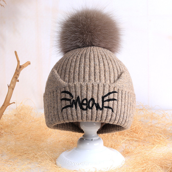 Women hat Real fox fur 15CM pom poms ball Winter sweet cute embroidery Keep warm winter hat for women girl 's wool knitt