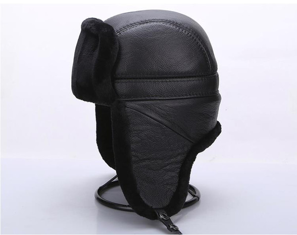 Russian leather bomber leather hat men winter hats with earmuffs earflap cap Man Cow Skin Real leather Caps Tapper Hat