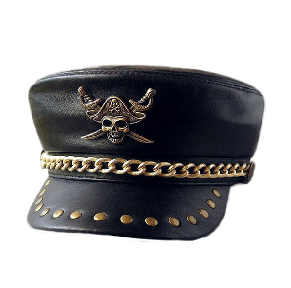 Motorcycle Club Genuine Leather Hat Punk Rock Show Rivet Navy Hat Skeleton Pirate Badge Sheepskin