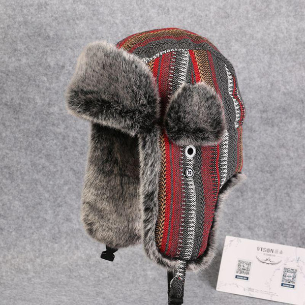 China eastnorth faux fur Leifeng bomber hats women color striped adjustable trapper hats men outdoor skiing snow caps adult russian ushanka
