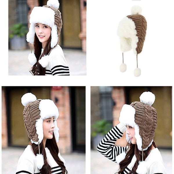 Russian Women Bomber Hats Pompom Fleece Earflaps Cap Faux Fur Ball Winter Hat