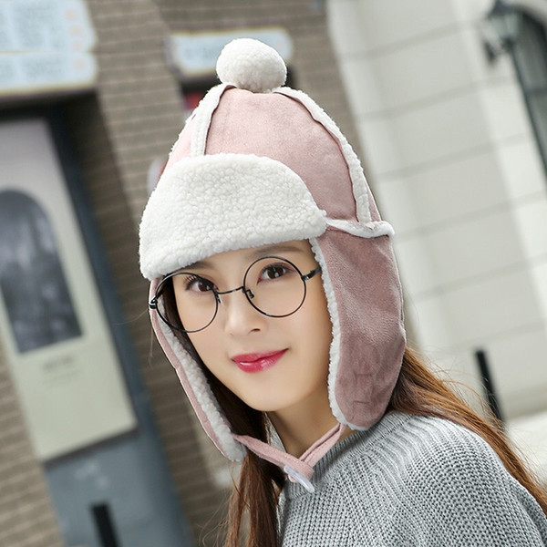 MingJieBiHuo Cute ball lawool hat Korean version of the tide warm earmuffs solid color cotton small women girls Bomber Hats