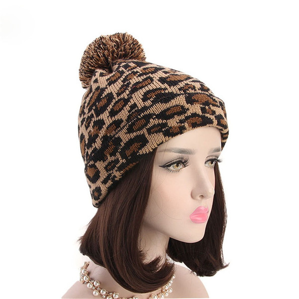 Women Fashion Leopard Faux Fur Ball Winter Warm Crochet Knitted Hat comfortable Cap #1019 A2#