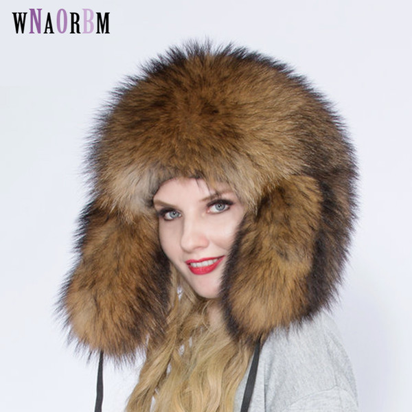 Russian pilot winter hat overlord hat full raccoon fur men and women 100% natural outdoor super warm