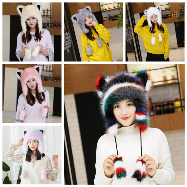 winter Women Faux Fur Lei Feng hat warm earmuffs thickening cute cartoon fox fur northeast outdoor ear protection animal Trapper Cap AAA1095