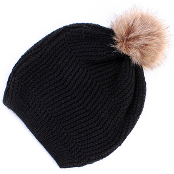 warm hat Autumn and winter warm ear protection Vertical strip ladies knit cap hat elasticity beanie casual cuff caps pom pom
