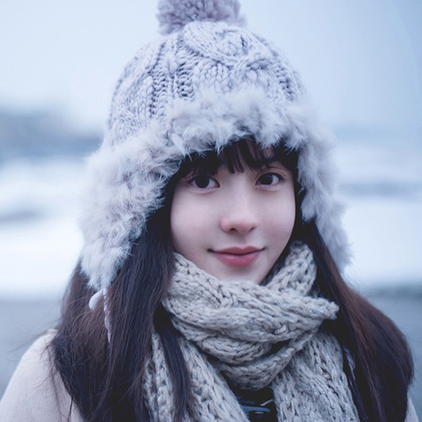 Winter Hat for Ladies Wool Knitting Lei Feng ear rabbit fur ball winter Ladies Hat thickening