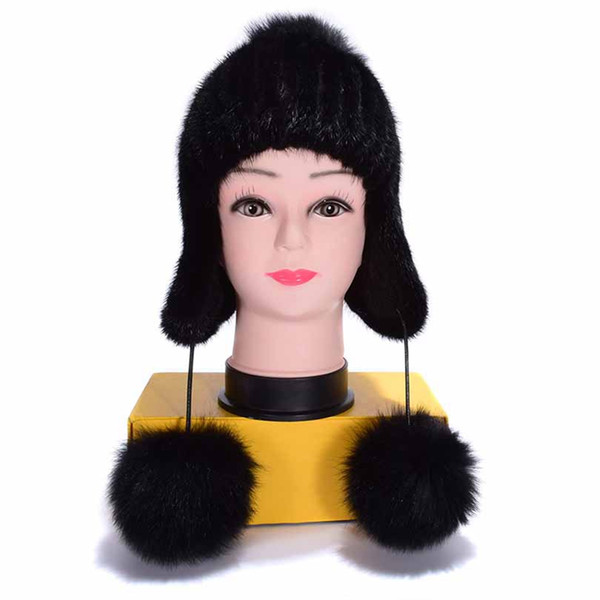 (TopFurMall) Russian Women Real Knitted Bomber Hats Fox Fur Pom Poms Winter Lady Caps Fashion Headgear LF6003