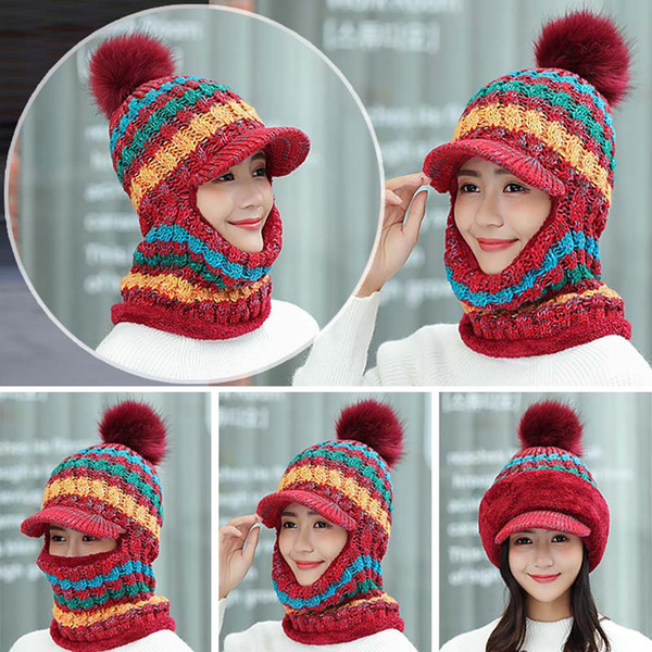 Women 3 In 1 Knitted Hat Scarf Mask Set Winter Warm Thick Snow Collars Hats Best Sale-WT