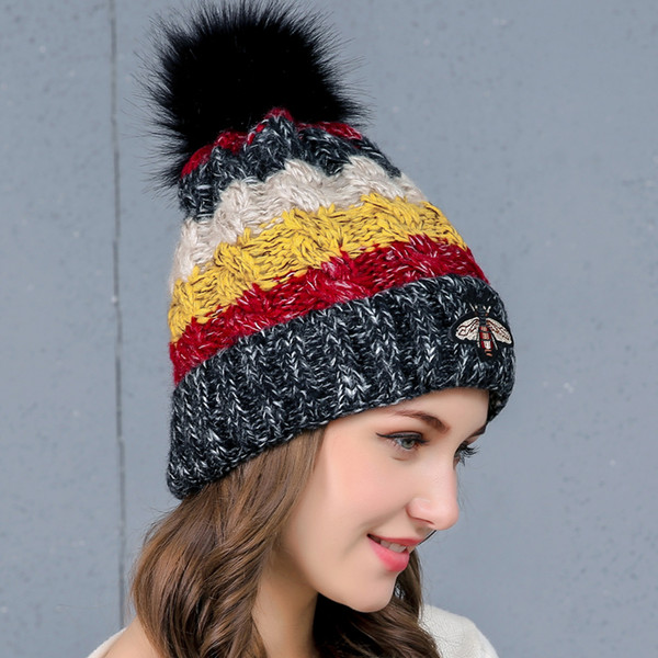 2019 New Year Gift Winter Warmer Knitted Hat Female Fur Wool Lining Thick Warm Knit Beanie Balaclava Winter Hat Women Bonnet