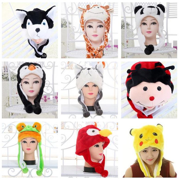 Animals Plush Faux Fur Animal Critter Hat Cap Soft Warm Winter Headwear Short with Ear Poms and Flaps Plush Hat Novelty Cap Beanies