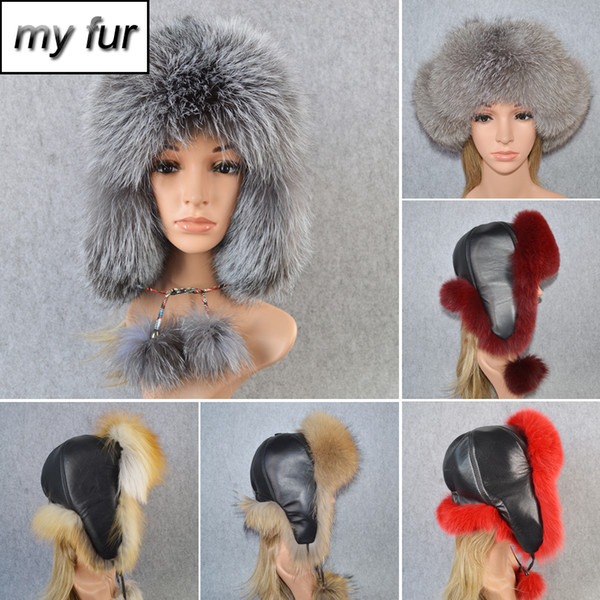 2019 Luxury Women Real Fox Fur Bomber Hat Natural Raccoon Fox Fur Ushanka Hats Soft Warm Earmuff Real Leather Cap