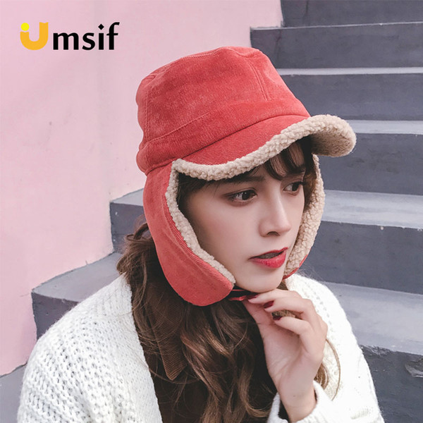 Winter Women's Corduroy Fleece Visors Cap 2018 New Brand Earmuffs Cashmere Warm Bomber Hats For Women Female Thick Visors Hat