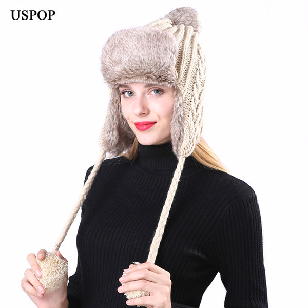 USPOP 2018 New fashion women bomber hats warm thick velvet twist 3 pompoms knit hats winter outdoor windproof snow