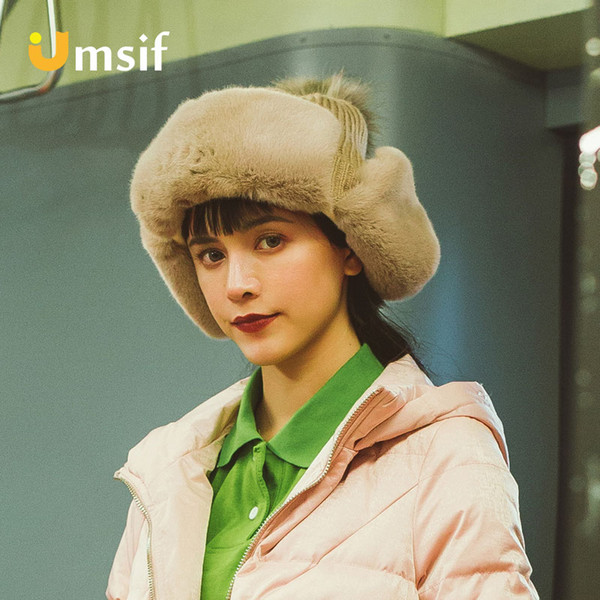 Women's Thicken Warm Windproof Knitted Beanies Hat 2018 New Winter Female Solid Color Fold Pompoms Bomber Hats For Women Ski Cap
