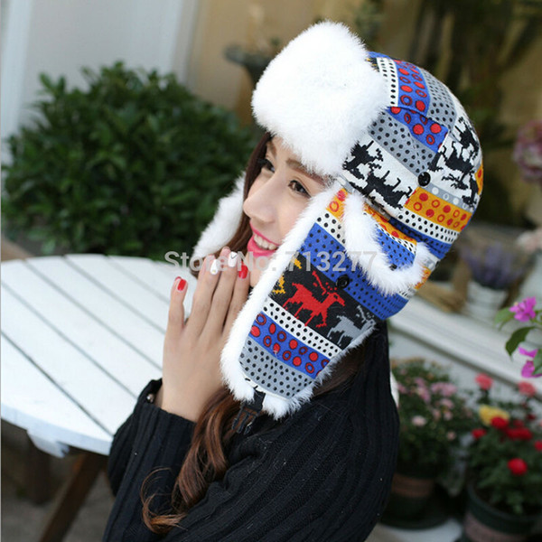 Wholesale- Hot Sale Classic Women Warm Winter Earflap Cap Fashion Printed Deer Russian Trapper Hat Ladies Knitted Fur  Bomber Hat