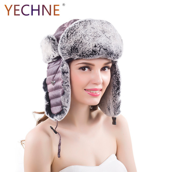 100% Real Rex Rabbit Fur Hats Women's Winter Bomber Hats Russian Ushanka Skiing Rex Rabbit Fur Hat Earflap Bomber