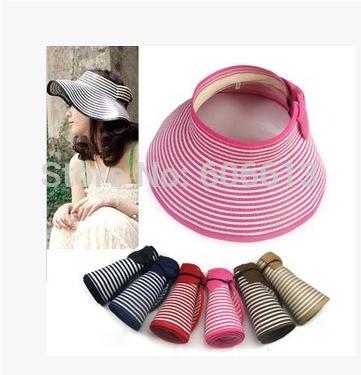 Wholesale-Summer Striped Roll Up Wide Brim Sun Visor Hat Foldable Women Beach Straw Hat 10pcs/lot Free shipping