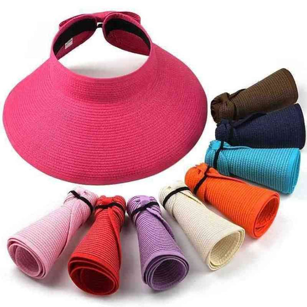 2019 New Fashion Sun Summer Hats For Women Foldable Roll Up Sun Beach Wide Brim Straw Visor Hat Cap With Multi-Color