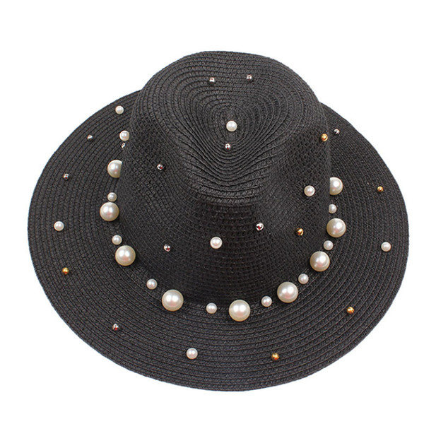 2019 summer new British fashion flat straw hat pearl bead hat female shade sunscreen Jazz hat outdoor beach 3 packs for sale