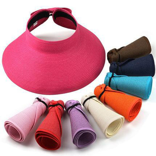 New Fashion Women Lady summer Foldable Roll Up Sun Beach Wide Brim Straw Visor Hat Cap girls floppy hat bowtie