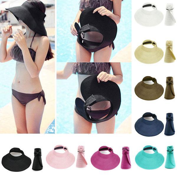 New WomenLadies Summer Wide Brim Roll Up Foldable Straw Visor Sun Beach Hat Cap