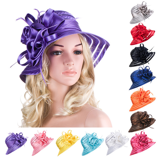 Womens Tea Party Polyester Satin Feather Church Dress Wedding Kentucky Derby Sun Protection Beach Hat A214