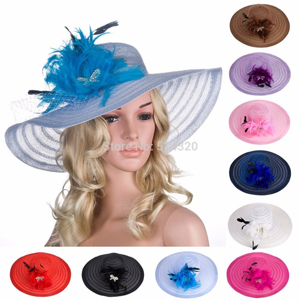 Women Dress Church Wedding Kentucky Derby Wide Brim Feather Veil Classic Big Stripes Sun Beach cap A265
