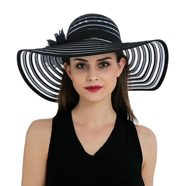 Womens Floral Band Wide Brim Stripes Church Dress Polyester Stylish Summer Beach Sun Hat Cap T238