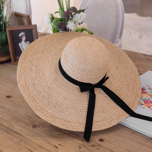 Womens Black Bowknot Band Kentucky Derby Large Brim Raffia Straw Floppy Sun Summer Beach Hat T237