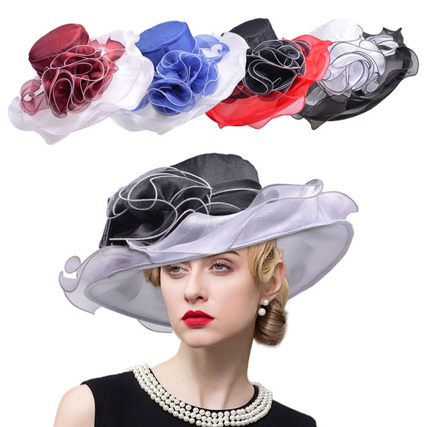 Women Wide Brim Summer Hat Organza Ribbon Floral UV Protection Beach Sun Cap Church Kentucky Derby Floppy A405