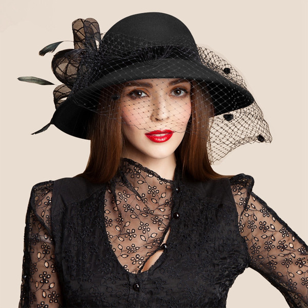 Womens Wool Felt Floral Veil Netting Feather Church Dress Wide Brim Derby Hat Cocktail Party A322