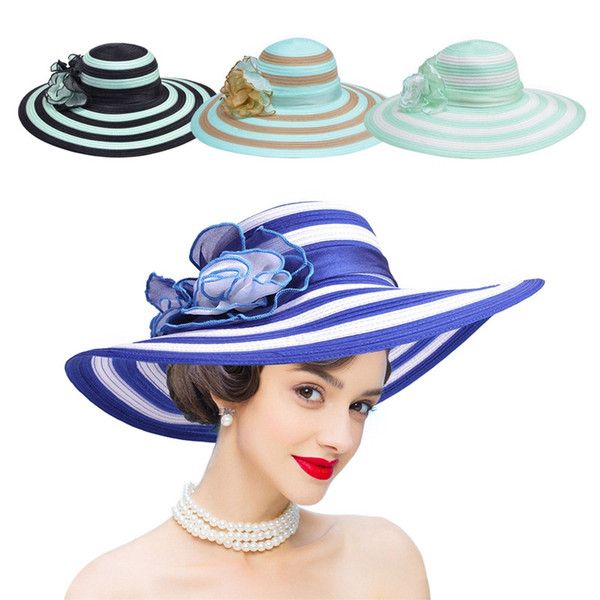 Womens Stylish Wide Brim Church Dress Casual Flower Straw Stripe Summer Floppy Sun Beach Hatinator A437