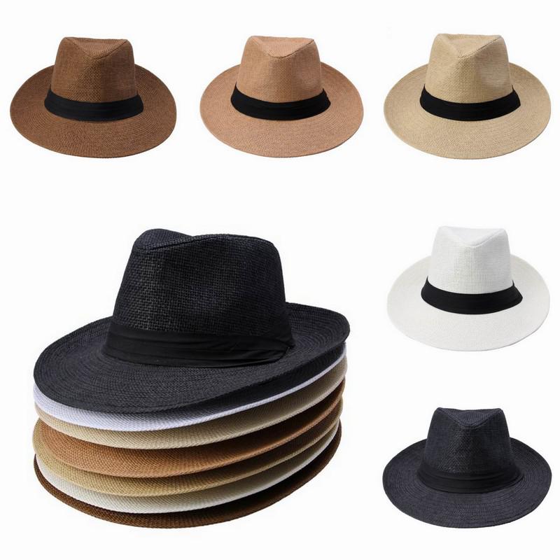 Men Women Straw Wide Brim Hats Jazz Caps Belt Decorative Summer Beach Hats Sun Fedora Caps DUP*1