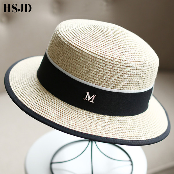 M Letter Ribbon Round Flat Top Straw beach hat Lady Boater sun caps M panama straw fedora women's travel Sun cap snapback gorras