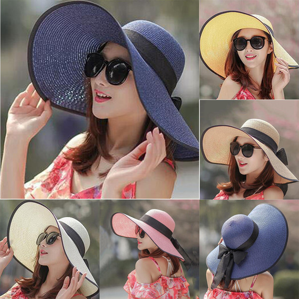 Summer Casual Solid Summer Hat Color Women Big Brim Straw Hat Sun Floppy Wide Brim Hats New Bowknot Folding Beach Cap sombrero#C
