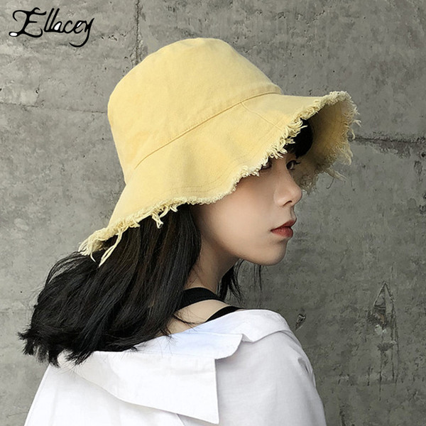 Ellacey 2018 Summer Harajuku Ripped Bucket Hat Fishing Hat Female Cool Panama Women's Caps Foldable Washed Cloth Cap For Girl