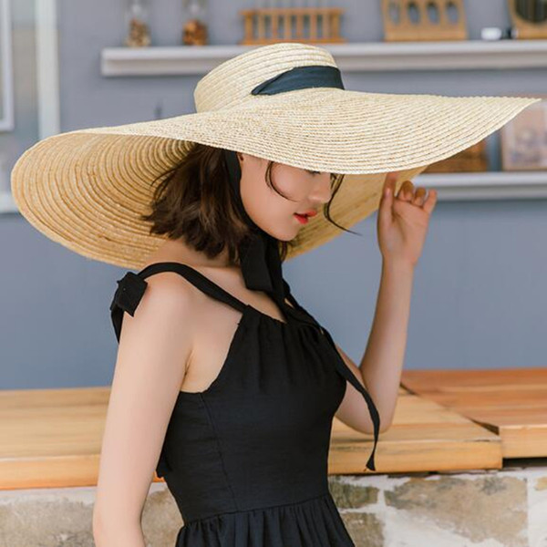 2019 Women Natural Raffia Straw Hat Ribbon Tie 15cm Brim Hat Derby Beach Sun Hat Cap Summer Wide Brim UV Protect Hats Female H5