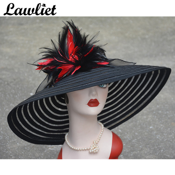 Summer Women Fashion Sun Hat Polyester And Feather Floral uv protect big brim summer beach hat A350